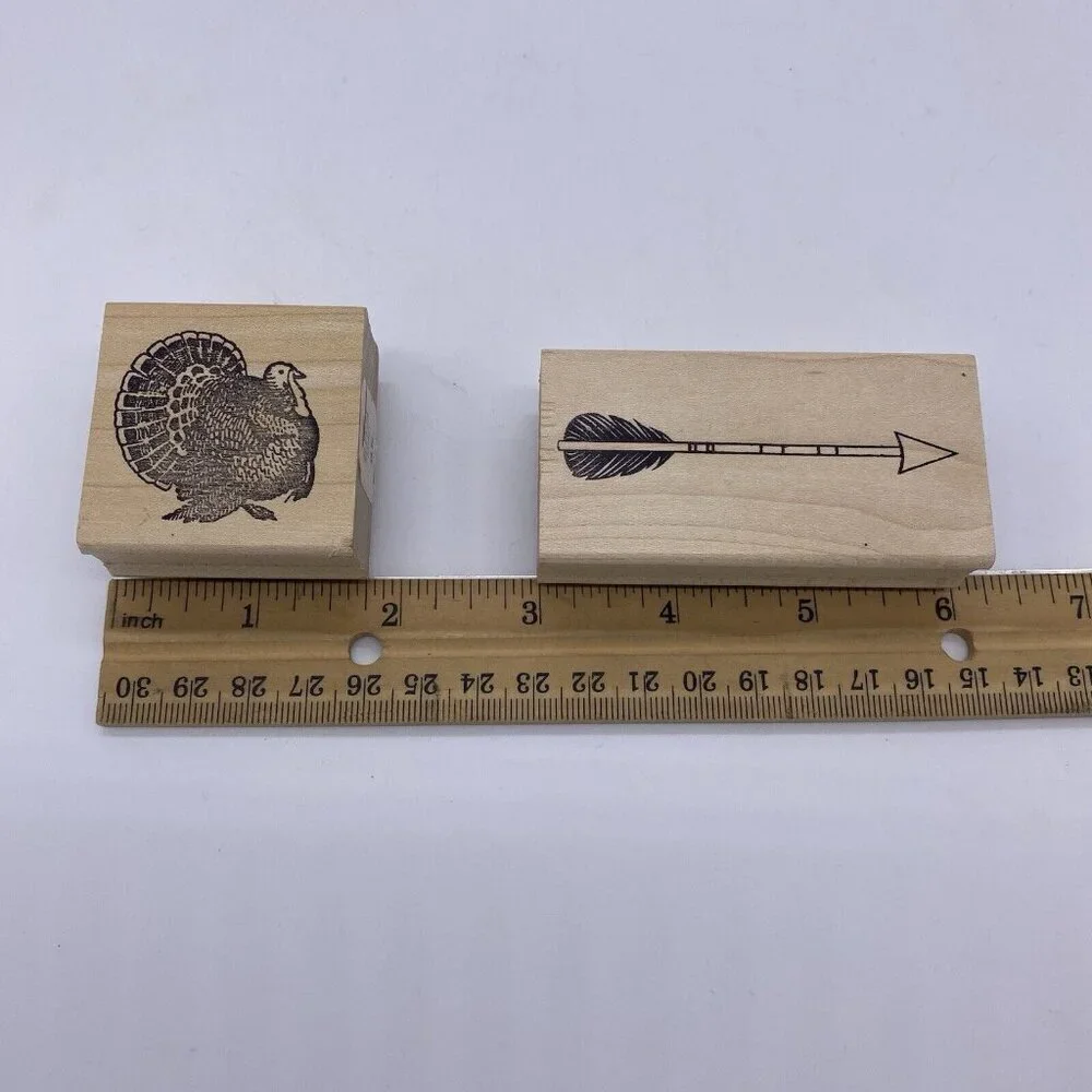 Paper Source Rubber Stamp Lot of 4 Wood Mounted Owl Arrow Turkey Chick in Egg